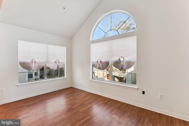 spare room featuring high vaulted ceiling and wood-type flooring