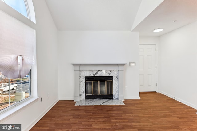 unfurnished living room featuring a fireplace, wood-type flooring, and a healthy amount of sunlight