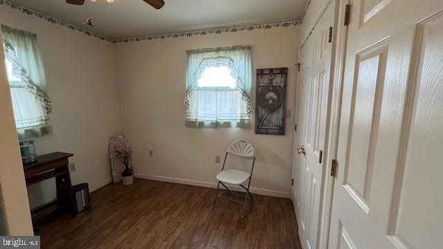 unfurnished room with dark wood-type flooring and ceiling fan