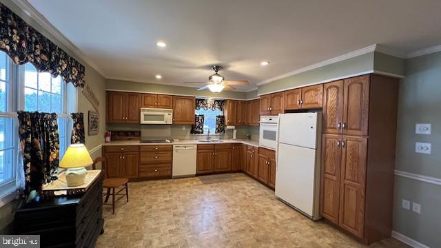 kitchen featuring ceiling fan, ornamental molding, sink, and white appliances