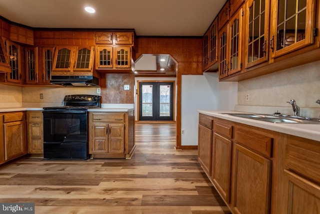 kitchen featuring sink, light hardwood / wood-style floors, black electric range oven, and range hood