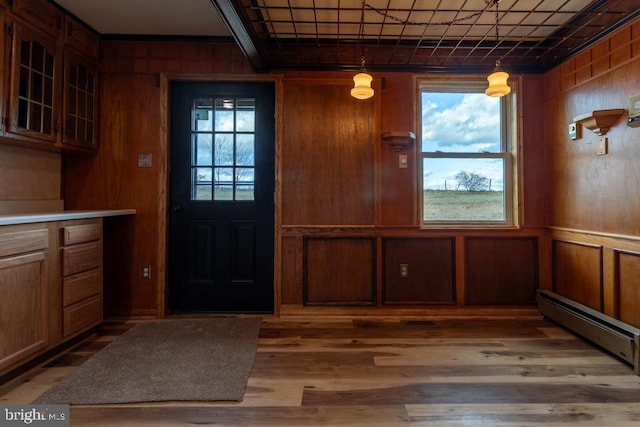 2520 Ridge Rd, Upper Tract, WV 26866 - foyer entrance with a baseboard heating unit, wooden walls, and wood finished floors