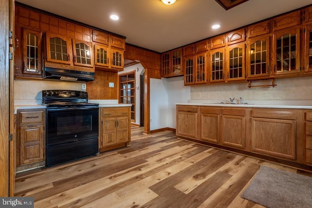 2520 Ridge Rd, Upper Tract, WV 26866 - kitchen featuring black range with electric cooktop, under cabinet range hood, brown cabinets, and recessed lighting