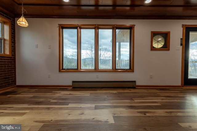 2520 Ridge Rd, Upper Tract, WV 26866 - empty room featuring a baseboard radiator, wood finished floors, recessed lighting, and wood ceiling