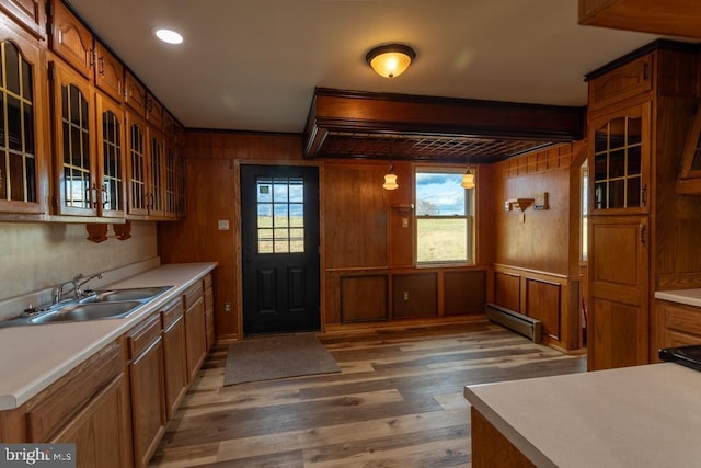 kitchen with sink, dark hardwood / wood-style flooring, a baseboard heating unit, wood walls, and decorative light fixtures