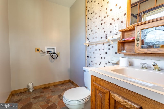 2520 Ridge Rd, Upper Tract, WV 26866 - half bath with vanity, stone finish floors, and backsplash