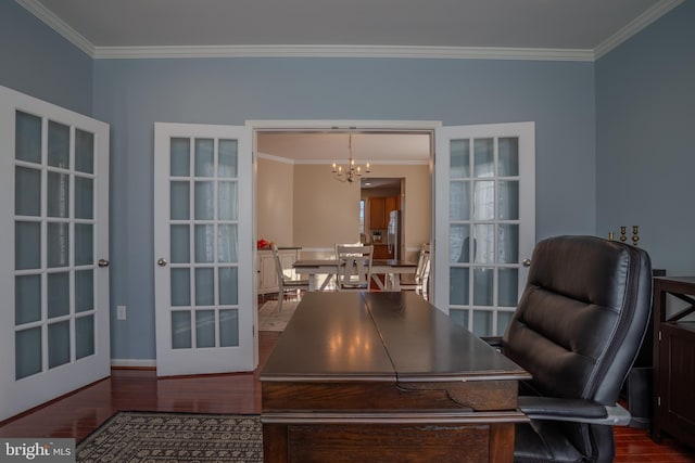 home office featuring crown molding, french doors, a chandelier, and hardwood / wood-style flooring