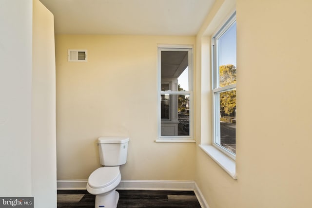 bathroom featuring wood-type flooring, toilet, and a healthy amount of sunlight