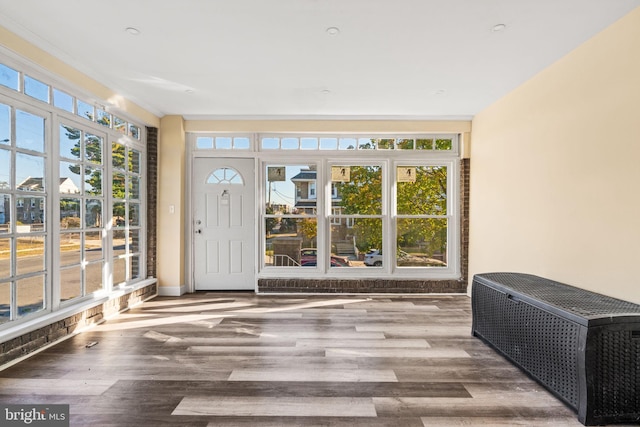 foyer featuring hardwood / wood-style flooring and ornamental molding