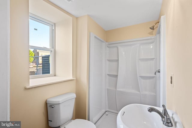 bathroom with a shower, toilet, and sink