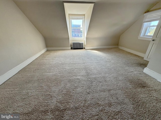 additional living space with light colored carpet, lofted ceiling, plenty of natural light, and radiator heating unit