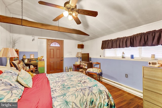 bedroom with baseboard heating, vaulted ceiling with beams, ceiling fan, and wood-type flooring