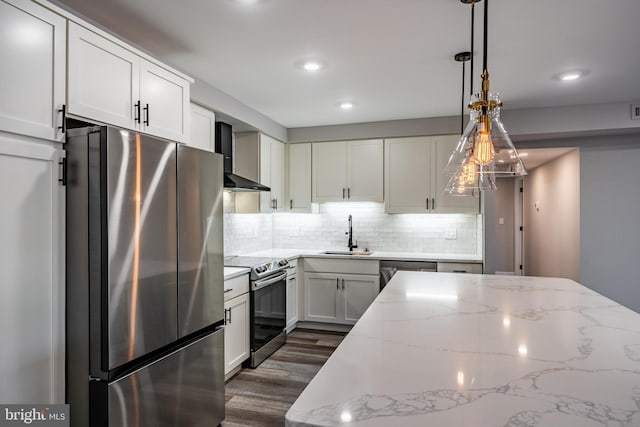 kitchen with sink, wall chimney exhaust hood, hanging light fixtures, stainless steel appliances, and white cabinets