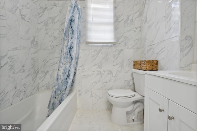 full bathroom featuring shower / bath combination with curtain, vanity, toilet, and tile walls