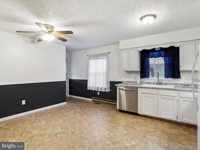 kitchen featuring white cabinetry, ceiling fan, stainless steel dishwasher, a baseboard heating unit, and a textured ceiling