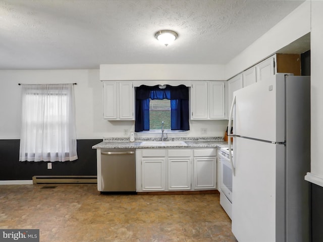 kitchen featuring white appliances, white cabinets, sink, a textured ceiling, and a baseboard radiator