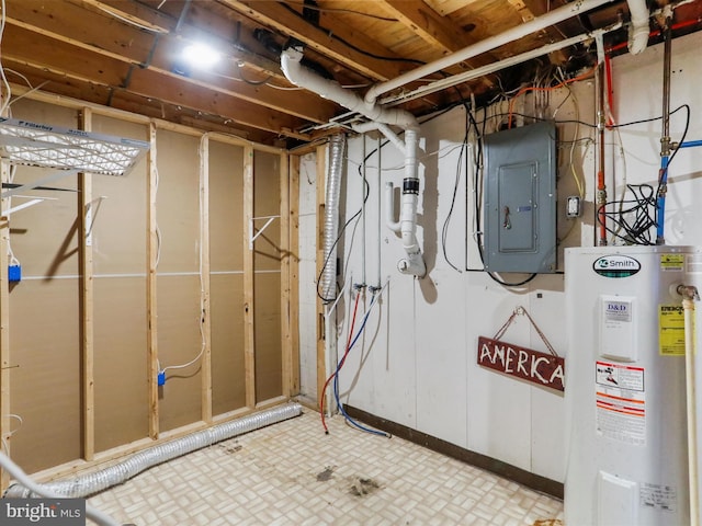 basement with electric panel and water heater