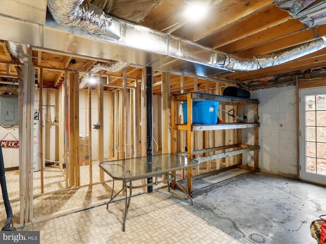 basement with electric panel and water heater