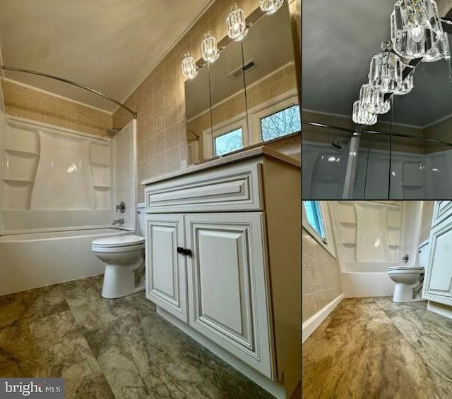 bathroom featuring bathtub / shower combination, toilet, tile walls, and a healthy amount of sunlight