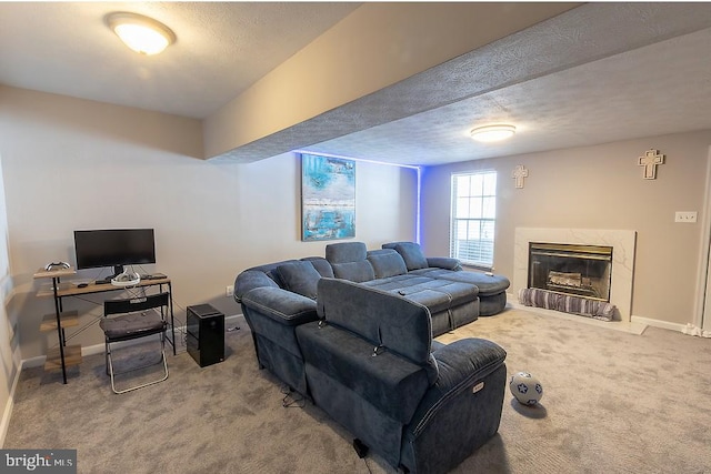 5310 Kelmscot Rd, Rosedale, MD 21237 - living room with baseboards, carpet flooring, a textured ceiling, and a premium fireplace