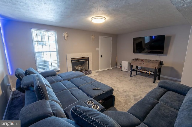 5310 Kelmscot Rd, Rosedale, MD 21237 - carpeted living room featuring baseboards, a fireplace, and a textured ceiling
