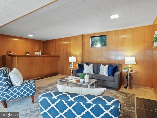 living room featuring wood walls