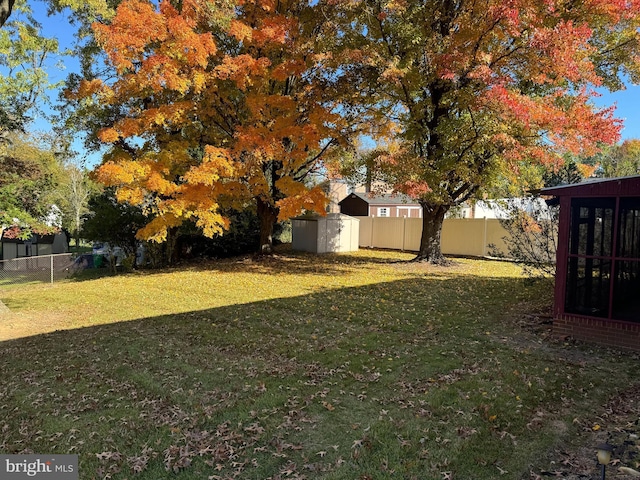 view of yard with a storage shed