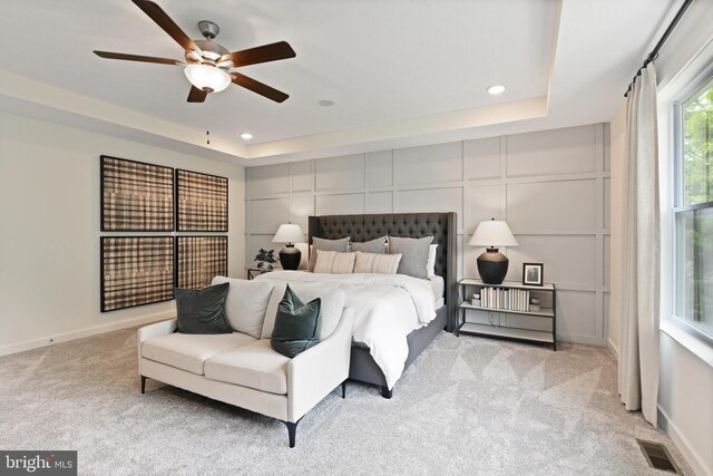 8 Timberidge Dr, Fredericksburg, VA 22406 - carpeted bedroom with a raised ceiling, recessed lighting, a decorative wall, and ceiling fan