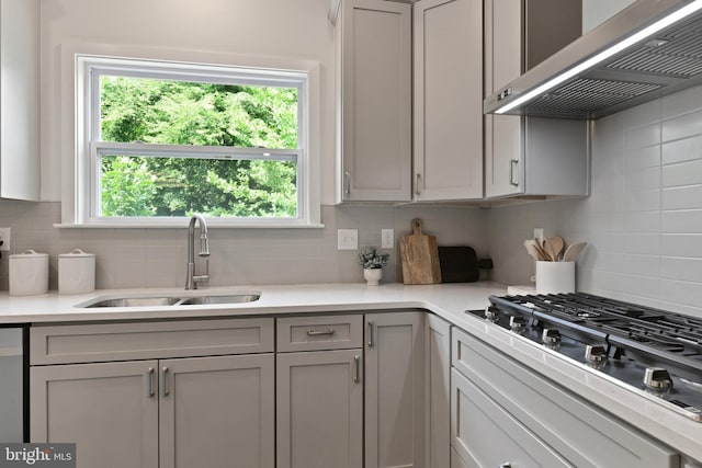 8 Timberidge Dr, Fredericksburg, VA 22406 - kitchen featuring wall chimney range hood, a sink, stainless steel gas cooktop, and backsplash