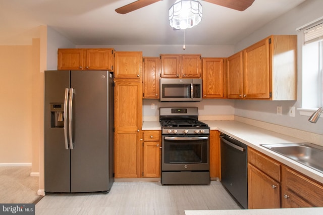 kitchen with ceiling fan, sink, and stainless steel appliances