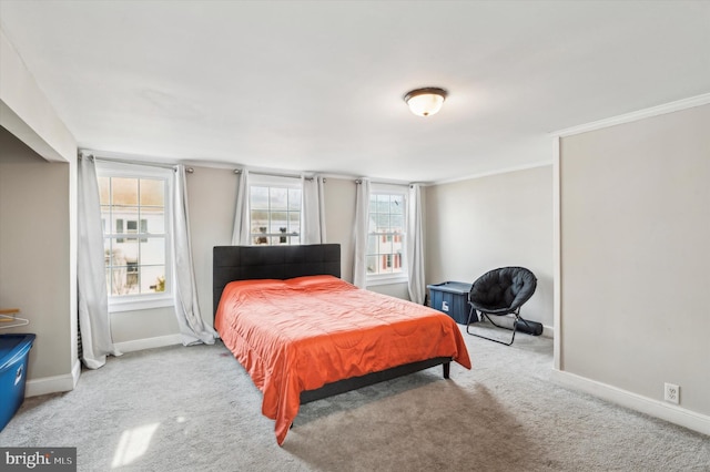 carpeted bedroom with crown molding