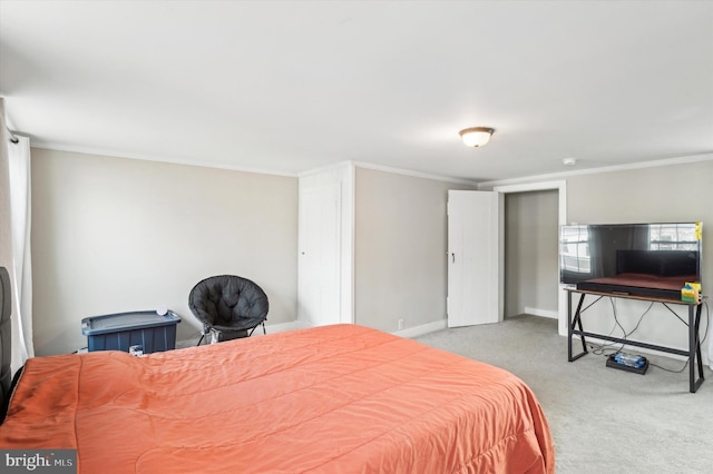 bedroom with light colored carpet and ornamental molding