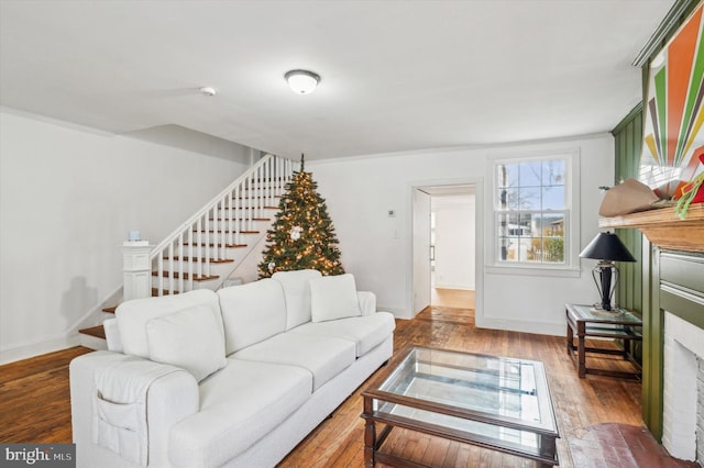 living room with a fireplace, wood-type flooring, and ornamental molding