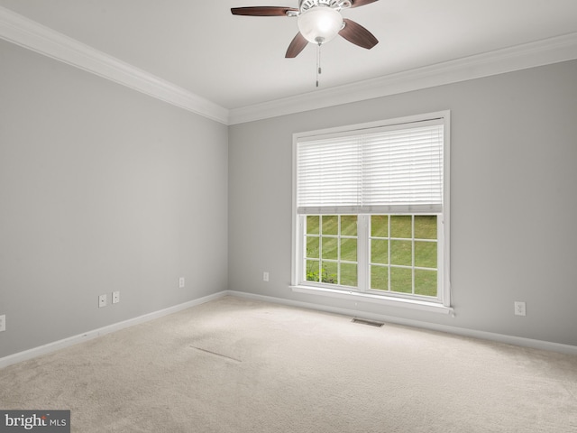 spare room with crown molding, carpet floors, and ceiling fan