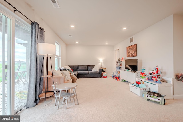 living room with light carpet