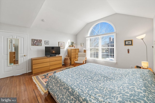 bedroom with lofted ceiling and hardwood / wood-style flooring