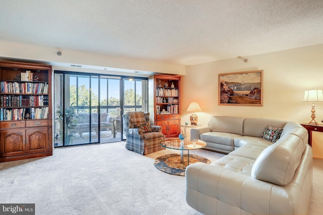 carpeted living room featuring a textured ceiling