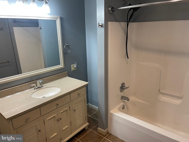 bathroom with tile patterned floors, bathing tub / shower combination, and vanity