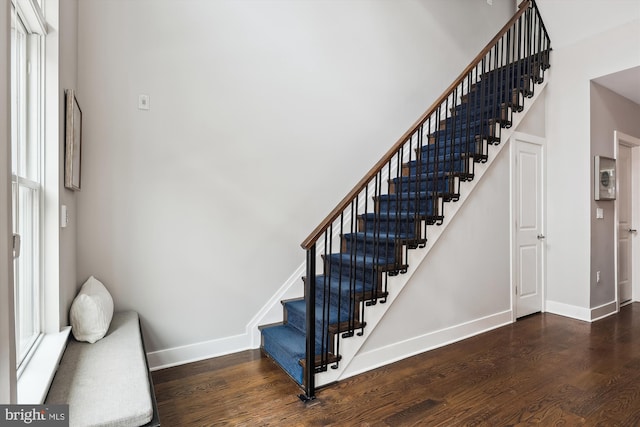 stairs featuring wood-type flooring, a towering ceiling, and a wealth of natural light