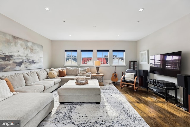 living room with dark hardwood / wood-style flooring