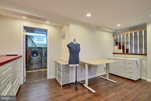 interior space with washer and clothes dryer and dark wood-type flooring