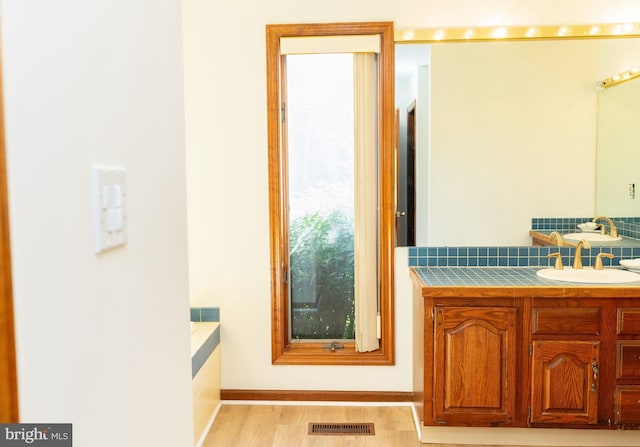 bathroom with vanity, wood-type flooring, and backsplash