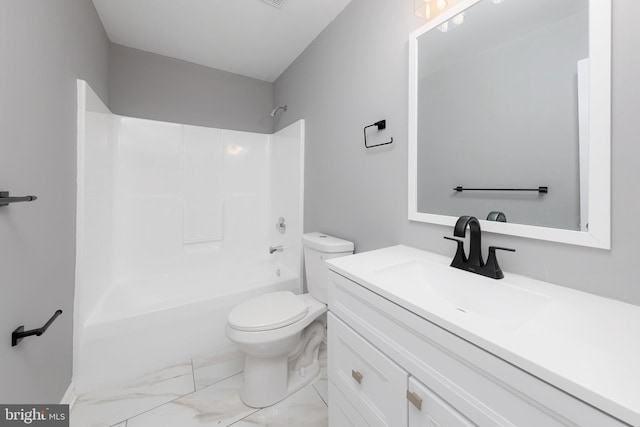 full bathroom with shower / bathing tub combination, vanity, and toilet