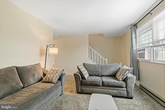 276 Broad St, Highspire, PA 17034 - carpeted living area featuring a baseboard radiator and stairs