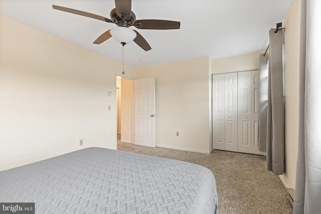 bedroom featuring light carpet and ceiling fan