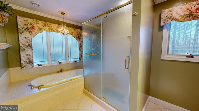 bathroom featuring tile patterned floors, a wealth of natural light, crown molding, and shower with separate bathtub