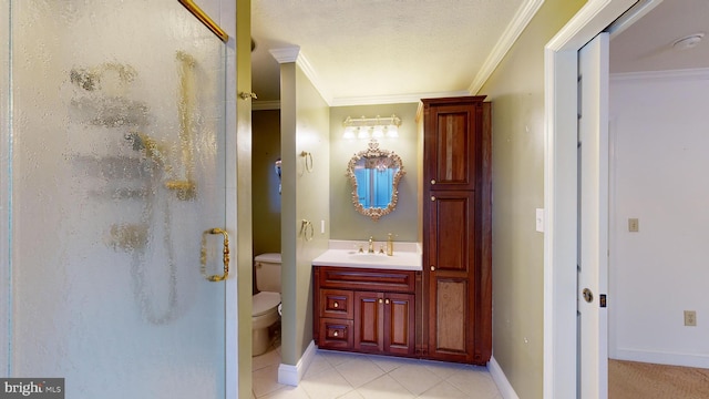 bathroom with toilet, tile patterned floors, a shower with shower door, and crown molding