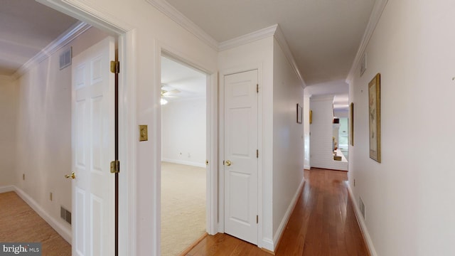 corridor with wood-type flooring and ornamental molding