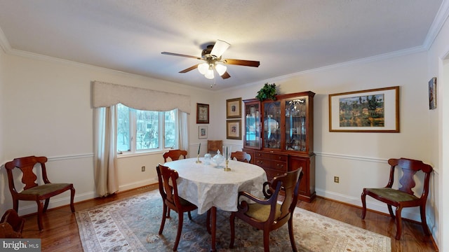 dining room with hardwood / wood-style floors, ceiling fan, and ornamental molding