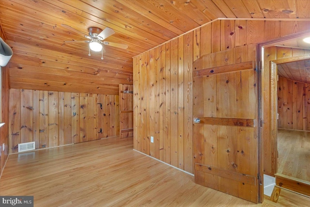 bonus room with lofted ceiling, ceiling fan, wooden walls, wooden ceiling, and light wood-type flooring